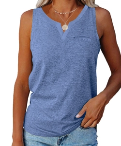 Close-up of women's grey-blue V-neck vest showing knit texture and chest pocket detail