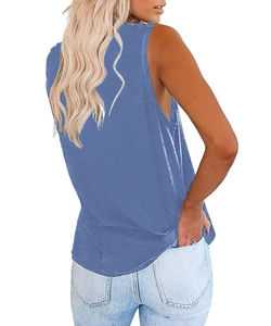 Back view of blue sleeveless V-neck top with relaxed fit and soft cotton fabric texture