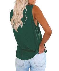 Detail view of the deep green sleeveless tank top back and side fit with cotton fabric