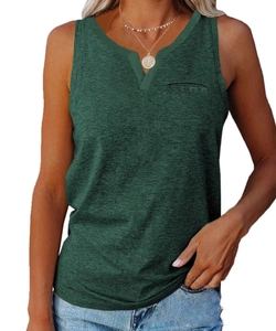 Close-up of dark green V-neck sleeveless top with pocket detail and soft knit texture