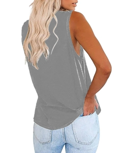 Detail of grey V-neck tank top showing loose fit silhouette and smooth fabric texture