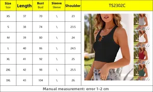 Size chart for women's ribbed racerback crop tank top with measurements for XS to 3XL