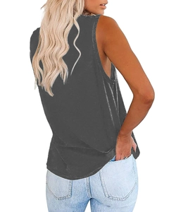 Detail view of charcoal grey sleeveless tank top with loose fit on a model in jeans
