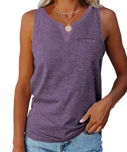 Detail of purple V-neck sleeveless tank top with decorative chest pocket and heather texture