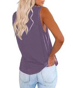 Rear view of women's violet loose tank top showing high-quality cotton fabric texture