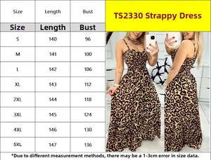 Detaillierte Größentabelle für Maxi-Sommerkleid mit Leopardenmuster von S bis 5XL