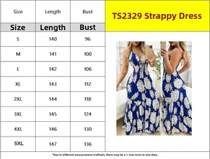 Size chart for floral strapless maxi dress showing measurements from S to 5XL