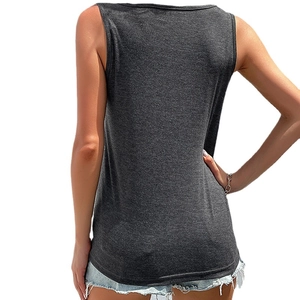 Women's summer dark grey sleeveless t-shirt with crew neck and criss-cross button detail