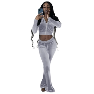 Detailed texture of silver velour tracksuit featuring a zip-up hoodie and flared trousers