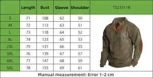 Men's corduroy Henley shirt size guide with measurements from S to 5XL for perfect fit