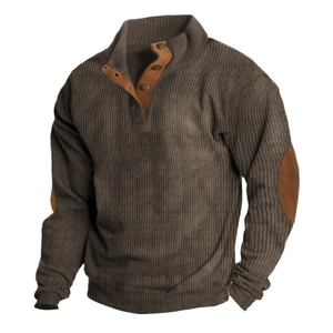Men's retro brown corduroy pullover sweatshirt with Henley neck and elbow patches