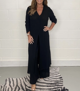Women's two-piece casual black lounge set featuring V-neck split long top and wide-leg pants