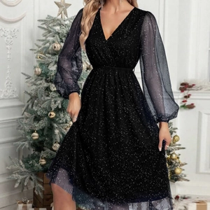 Women's Elegant V-Neck Long Sleeve Spliced Mesh Glitter Midi Dress Party Evening Dress