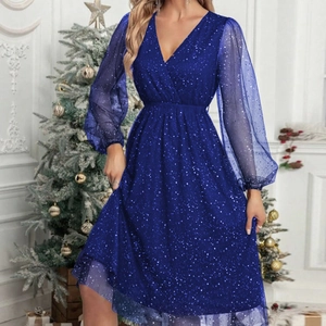 Elegant royal blue V-neck glitter dress with sheer lantern sleeves for party occasions