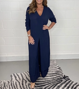 Women's dark blue two-piece lounge set with high-slit long top and wide-leg trousers