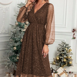 Elegant deep brown V-neck sequin dress with sheer mesh sleeves for party events