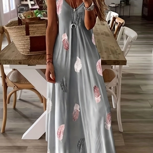 Robe Maxi pour Femmes Col en V Bretelles Spaghetti Imprimé Plume Polyester Élasthanne Sans Manches Ligne A Été Décontractée