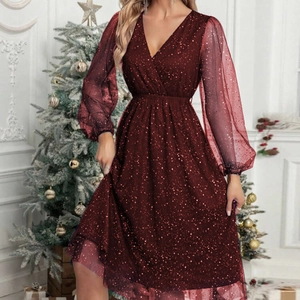 Elegant wine red V-neck party dress with sheer sequin mesh sleeves and slimming fit