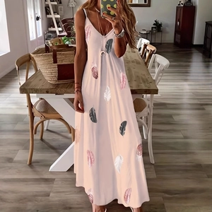 Robe longue sans manches pour femmes avec col en V, imprimé plumes et jupe fluide