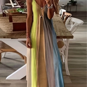 Women's Summer Maxi Dress Casual V-Neck Sleeveless Gradient Colorful Stripe Print Spaghetti Strap Bodycon Long Sundress