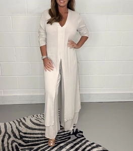 Women's chic beige two-piece lounge set with high-slit long top and wide-leg trousers