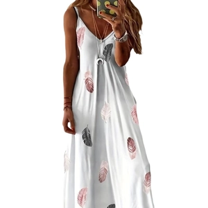 Robe longue d'été pour femmes avec col en V et imprimé plumes roses et noires