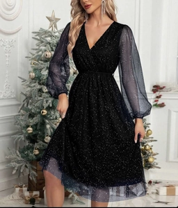 Elegant black V-neck party dress with mesh lantern sleeves and starry silver glitter finish
