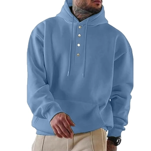 Sky blue men's hoodie with Henley neck buttons, drawstring hood and front kangaroo pocket