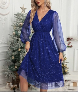 Elegant navy blue V-neck sequined dress with sheer mesh sleeves for party events