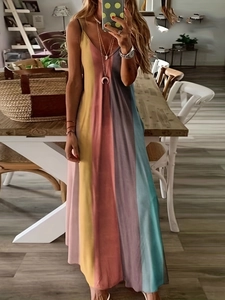 Colorful vertical striped maxi dress with V-neck and slim fit for summer beach vacation