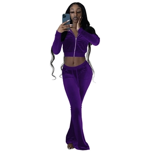 Detail of soft purple velvet two-piece set featuring a cropped hoodie and flared pants