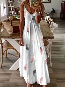 White sleeveless V-neck maxi dress featuring pink and grey feather prints for summer