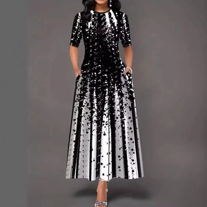Women Casual Gradient Positioning Print Maxi Dress Round Neck Short Sleeve Splicing Loose Elegant Summer One Piece Dress