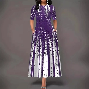 Short sleeve purple maxi dress with white vertical lines and artistic ink splash pattern