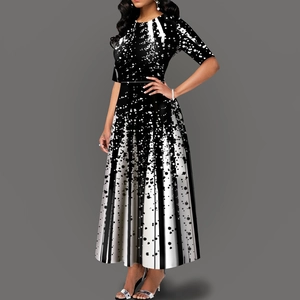 Women long maxi dress featuring black and white abstract splash print with a slim fit waist