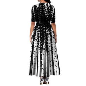 Women's A-line long dress featuring black and white abstract ink print and short sleeves