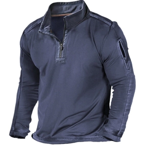 Men's navy tactical long sleeve pullover with half-zip collar and sleeve pocket