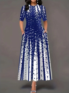 Short sleeve maxi dress in dark blue with white artistic gradient dot and stripe print
