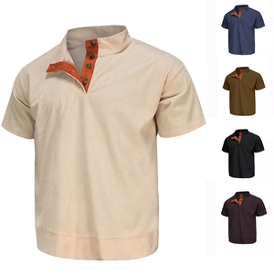 Men's corduroy short sleeve Henley shirt with contrast three-button placket in five colors
