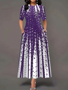 Short-sleeved purple gradient maxi dress with polka dots and striped ink pattern
