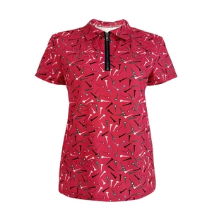 Women's short sleeve polo shirt with all-over golf tee print and black zip-up V-neck