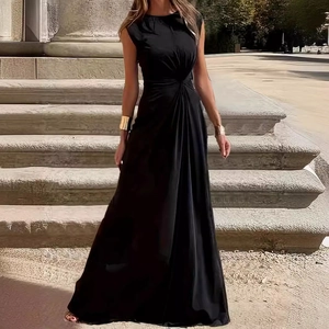 Women Elegant Round Neck Sleeveless Maxi Dress Twist Knot Waist Spliced Casual Party Evening Long Dress Polyester Clothing
