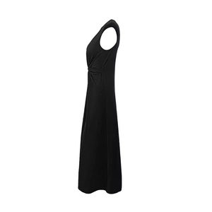 Elegant sleeveless black maxi dress with side pleated waist and crew neck silhouette