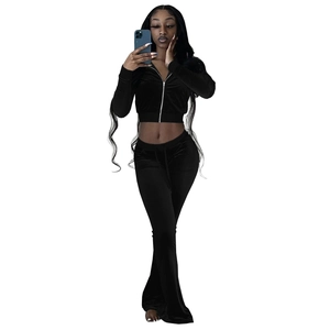 Detailed view of women's black velvet two-piece set with cropped zip hoodie and wide-leg pants