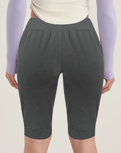 Detail view of high-waist yoga shorts in dark grey with wide waistband and back stitching