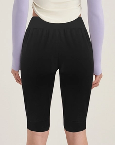 Rear view of high waisted black slim fit yoga shorts for women with side pockets