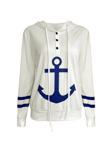 Detail of ribbed hoodie fabric with anchor print, V-neck buttons and drawstring hood