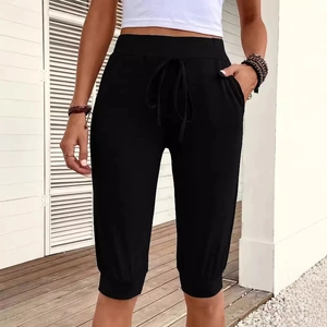 Women's black high waist yoga cropped pants with adjustable drawstring and side pockets