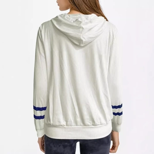 Women's white V-neck hooded sweatshirt with knit texture and sleeve stripes, back view