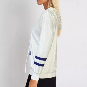 Casual white ribbed hoodie with V-neck, blue stripe details, and comfortable drawstrings